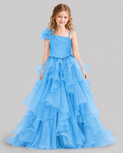 Sky Blue Ball Gown Girls Pageant Dresses Front