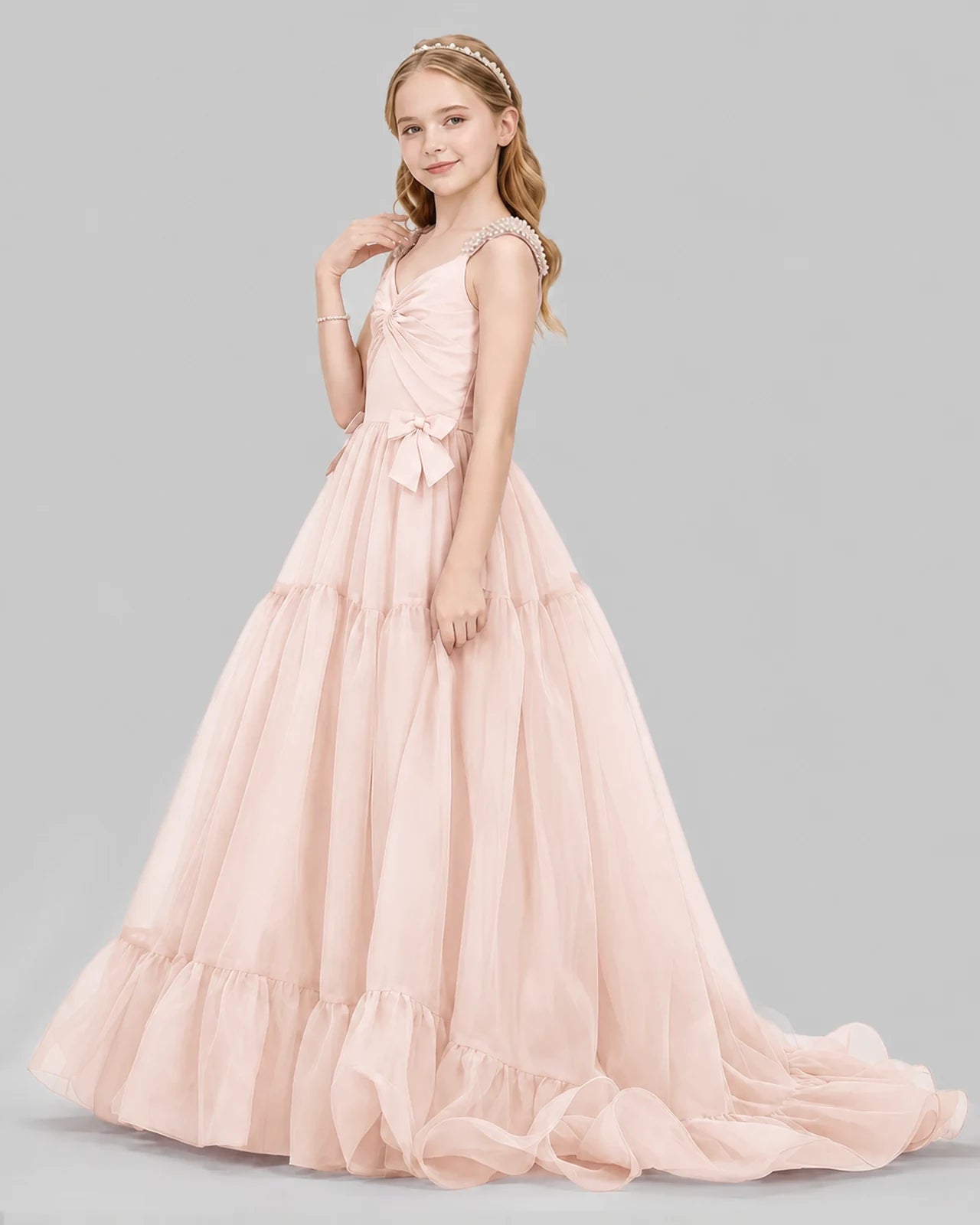 Blush Pink Ball Gown Girls Pageant Dresses Side