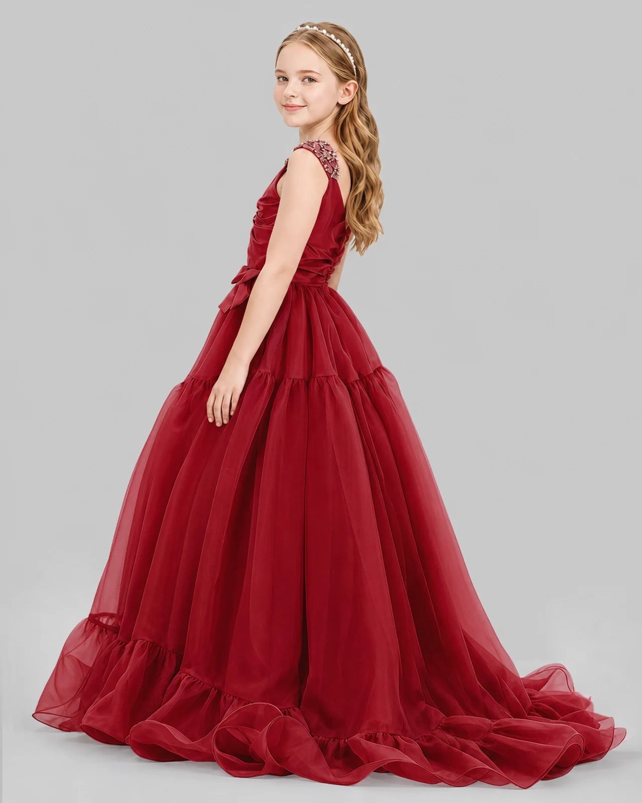 Burgundy Ball Gown Girls Pageant Dresses Back