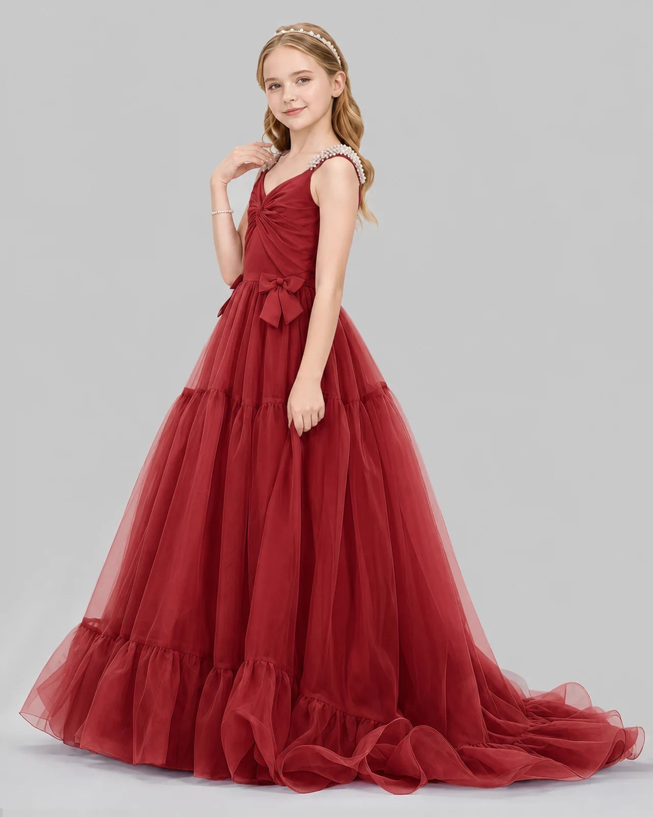 Burgundy Ball Gown Girls Pageant Dresses Side