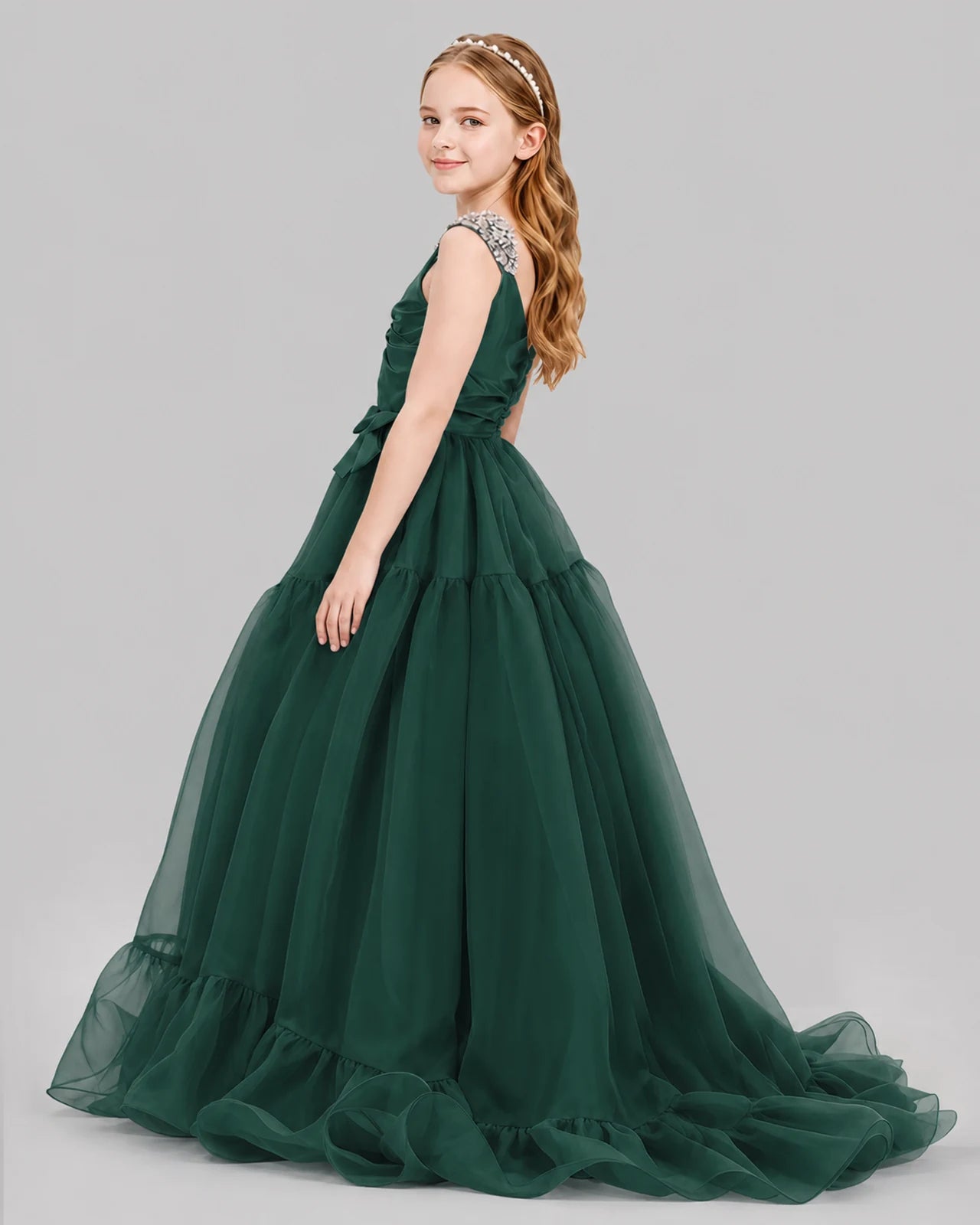Dark Green Ball Gown Girls Pageant Dresses Back