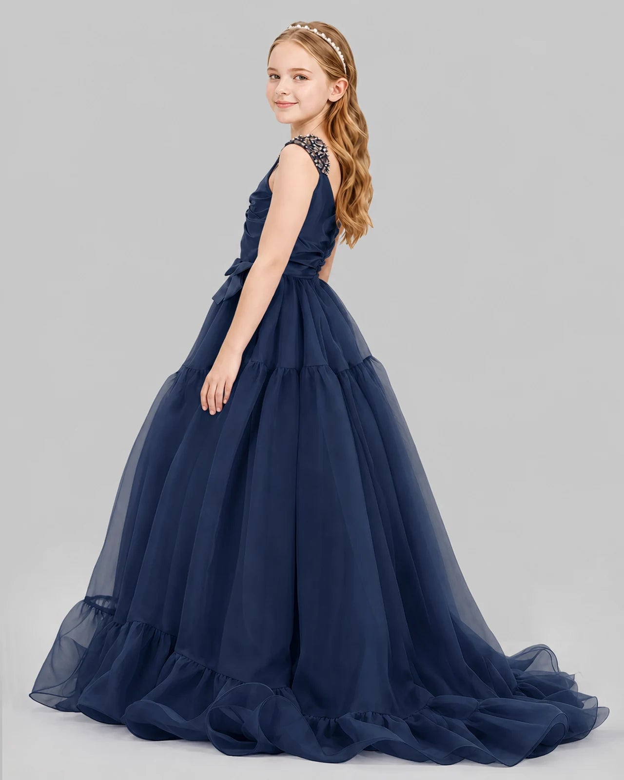 Navy Blue Ball Gown Girls Pageant Dresses Back