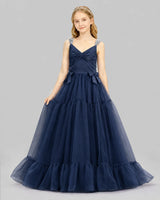 Navy Blue Ball Gown Girls Pageant Dresses Front