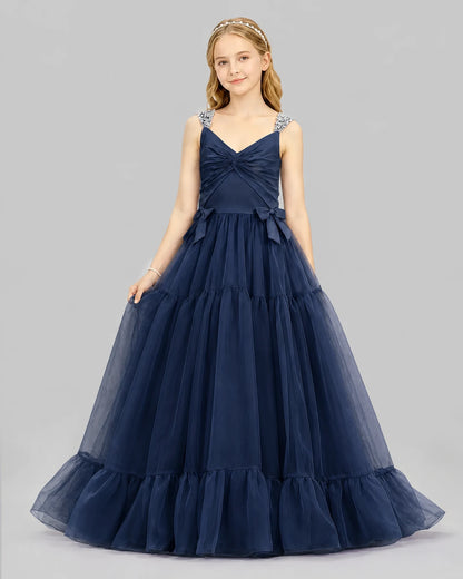 Navy Blue Ball Gown Girls Pageant Dresses Front