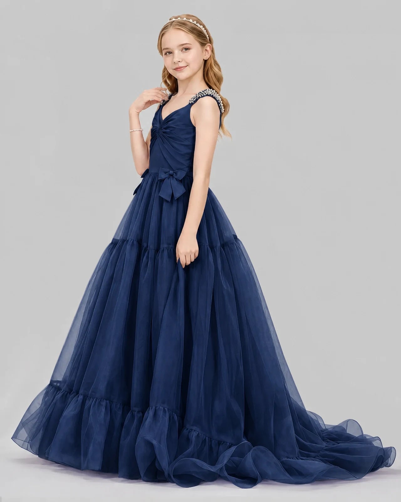 Navy Blue Ball Gown Girls Pageant Dresses Side