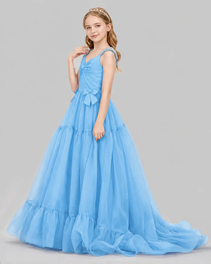 Sky Blue Ball Gown Girls Pageant Dresses Side