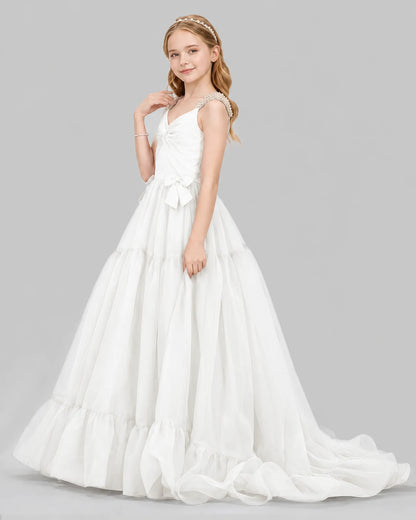 White Ball Gown Girls Pageant Dresses Side