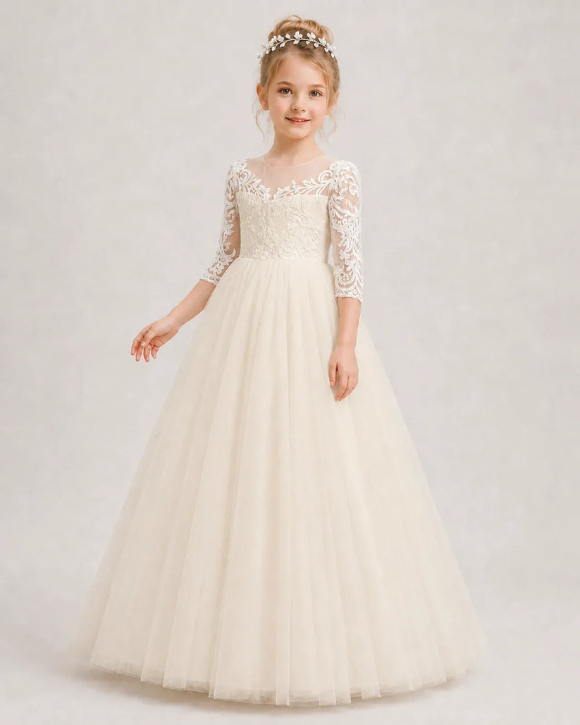 Champagne Lace A-line Flower Girl Dress Front View