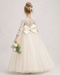 Champagne Flower Girl Dress 3/4 Sleeve Lace Tulle Ball Gown Back View