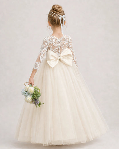 Champagne Flower Girl Dress 3/4 Sleeve Lace Tulle Ball Gown Back View