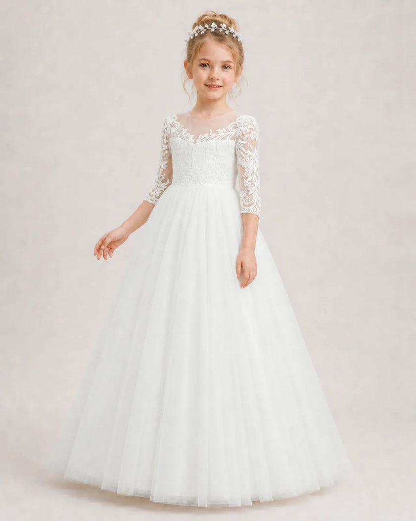 Ivory Tulle A-line Flower Girl Dress Front View