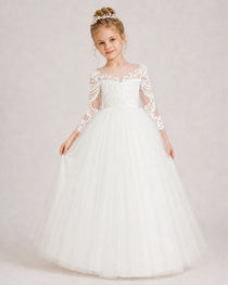 Ivory Flower Girl Dress 3/4 Sleeve Lace Tulle Ball Gown Front View