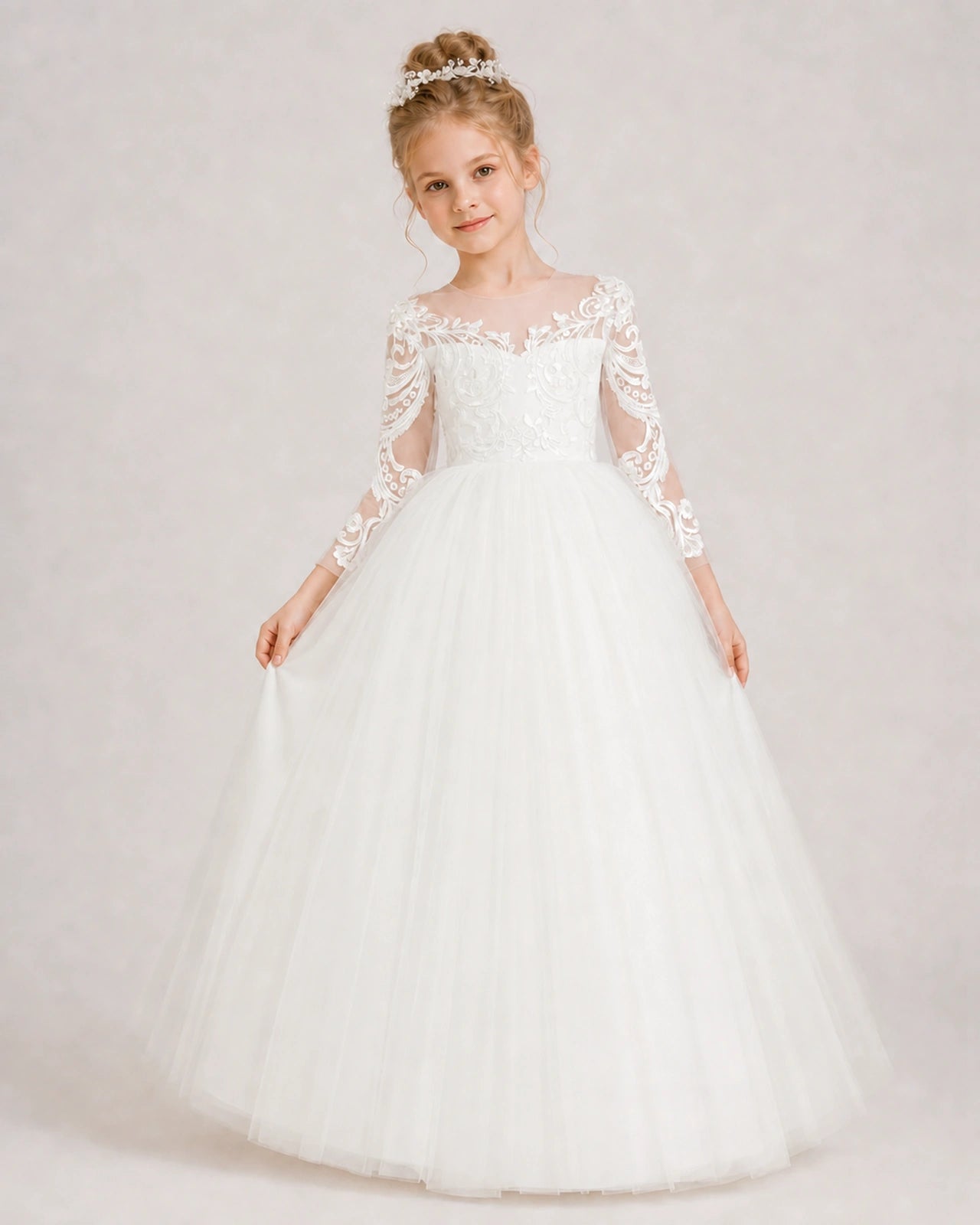 Ivory Flower Girl Dress 3/4 Sleeve Lace Tulle Ball Gown Front View