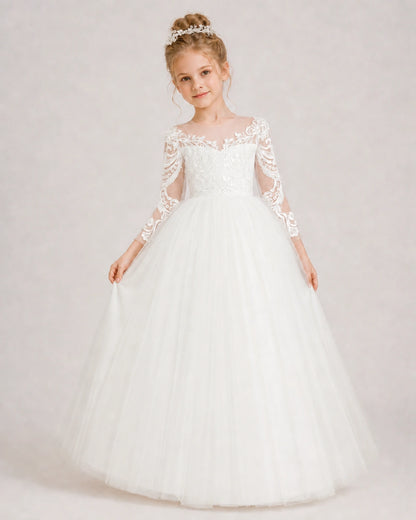 Ivory Flower Girl Dress 3/4 Sleeve Lace Tulle Ball Gown Front View