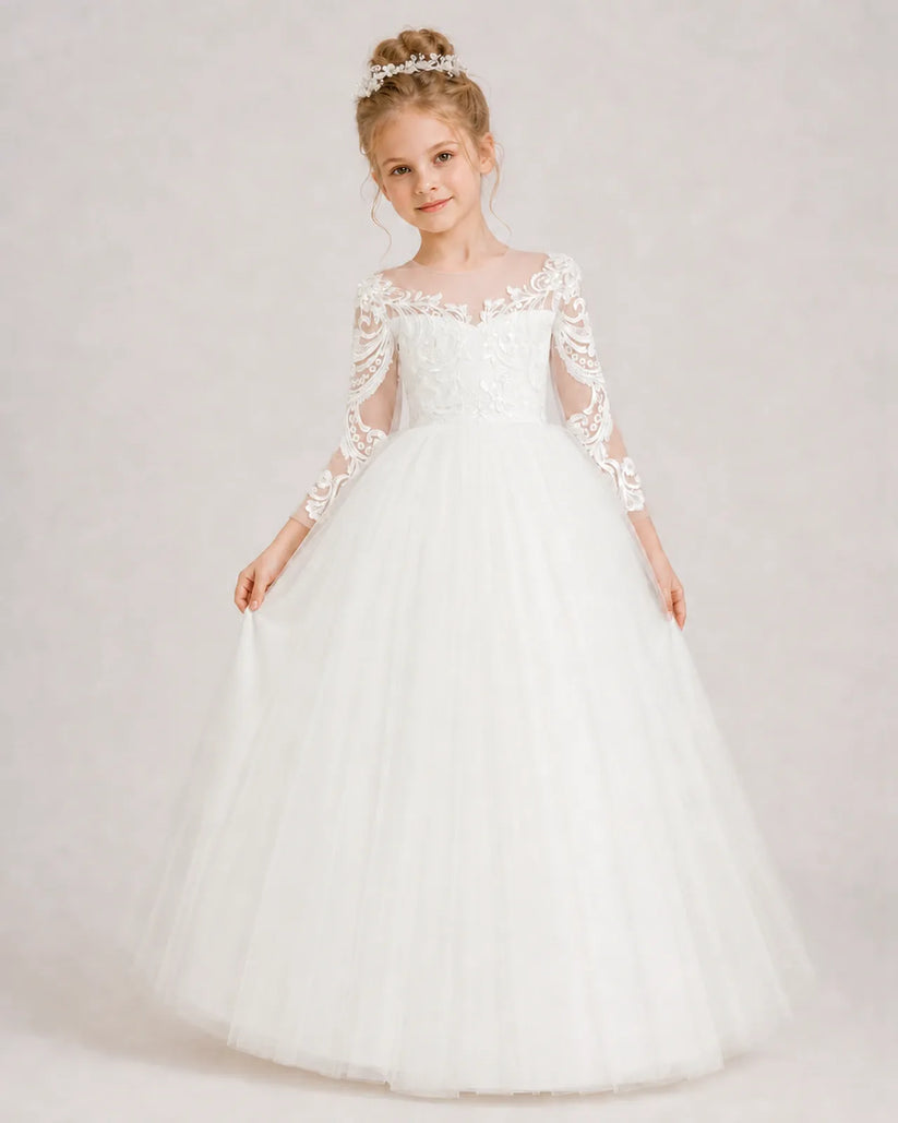 Ivory Lace Ball Gown Flower Girl Dress Front View