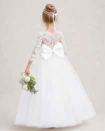 White Flower Girl Dress 3/4 Sleeve Lace Tulle Ball Gown Back View