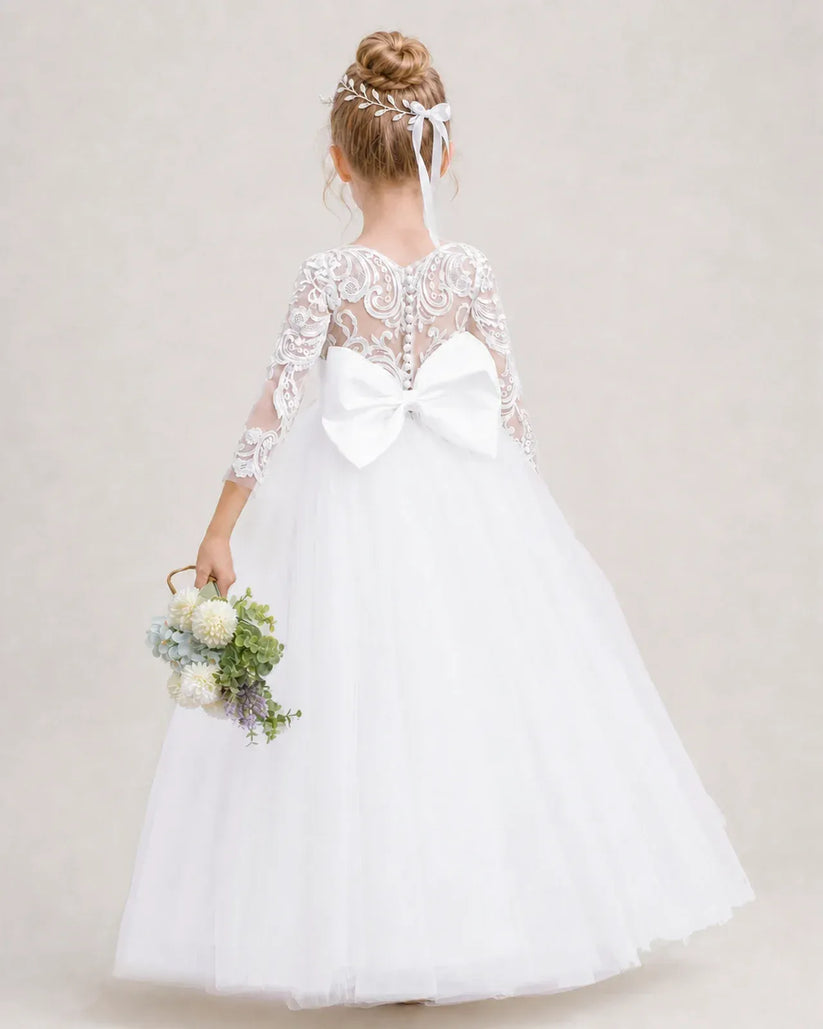 White Tulle A-line Flower Girl Dress Back View