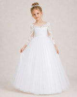 White Lace Ball Gown Flower Girl Dress Front View
