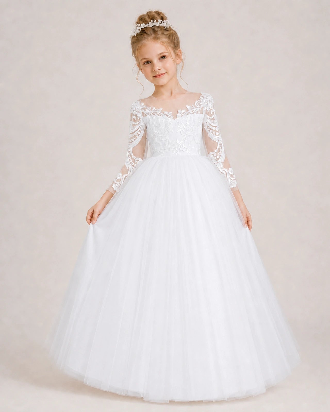 White Flower Girl Dress 3/4 Sleeve Lace Tulle Ball Gown Front View