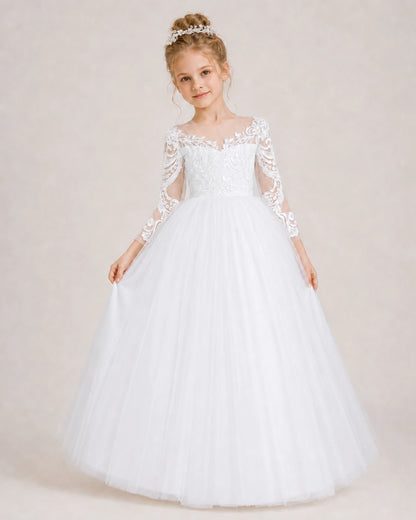 White Flower Girl Dress 3/4 Sleeve Lace Tulle Ball Gown Front View
