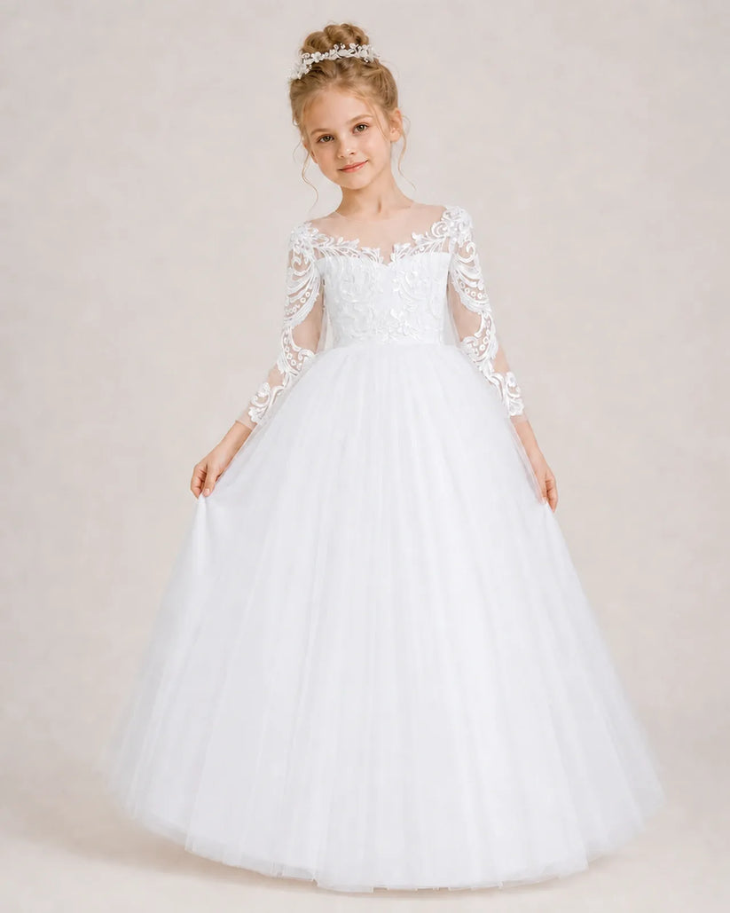 White Lace Ball Gown Flower Girl Dress Front View