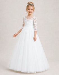 White Flower Girl Dress 3/4 Sleeve Lace Tulle Ball Gown Side View