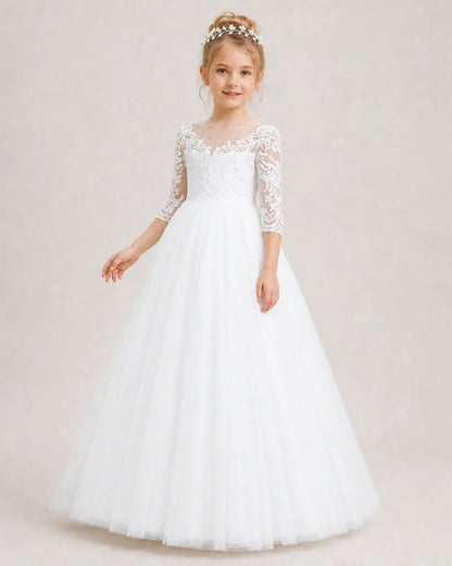 White Flower Girl Dress 3/4 Sleeve Lace Tulle Ball Gown Side View