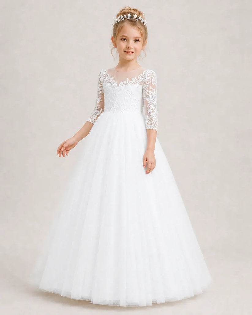 White Tulle A-line Flower Girl Dress Front View