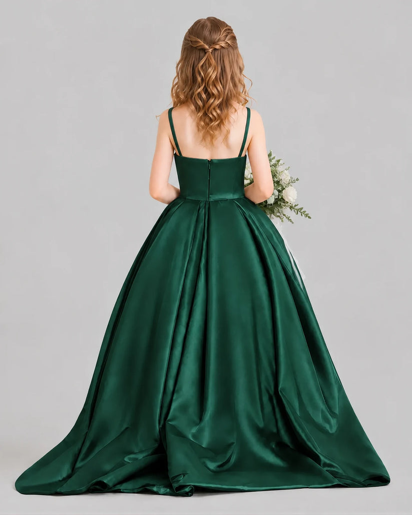Dark Green Ball Gown Girls Pageant Dresses Back