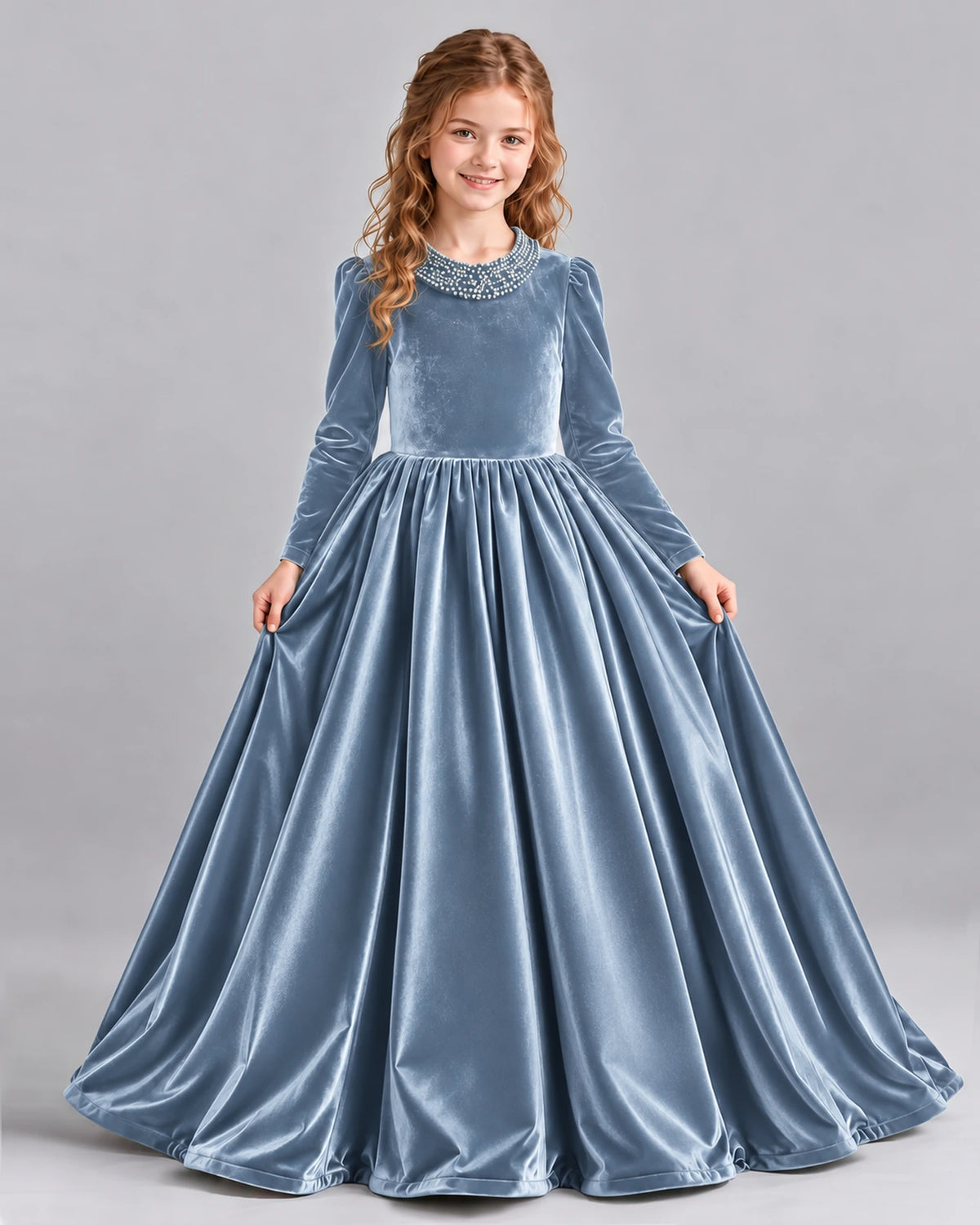 Dusty Blue Ball Gown Girls Formal Dress Front