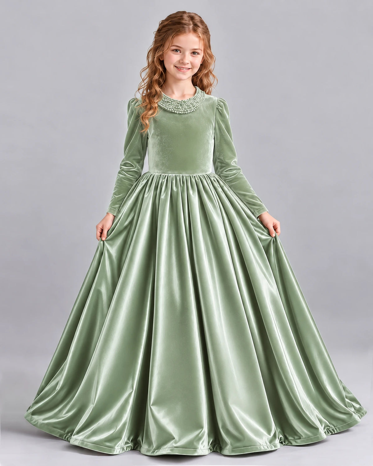 Sage Green Ball Gown Girls Formal Dress Front