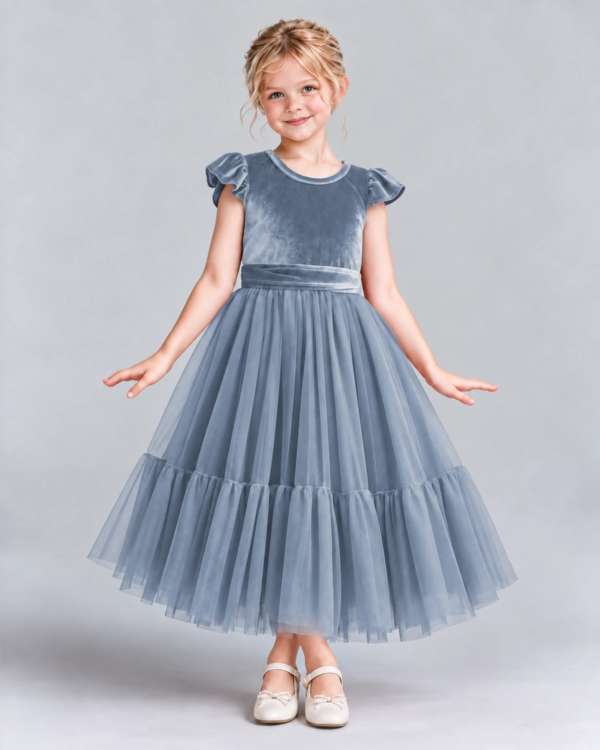 Dusty Blue A-line Junior Bridesmaid Dresses Front