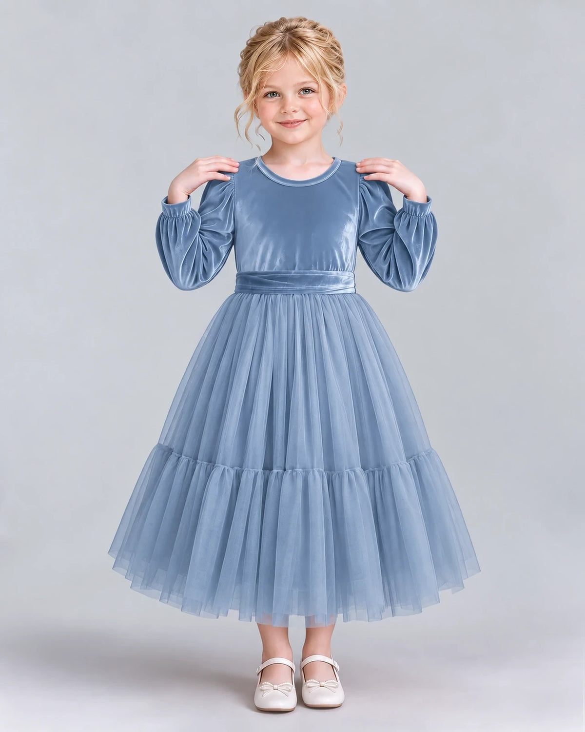 Dusty Blue Ball Gown Girls Formal Dress Front