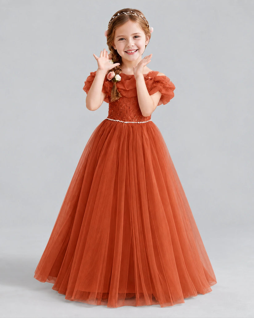 Burnt Orange Ball Gown Flower Girl Dress Front