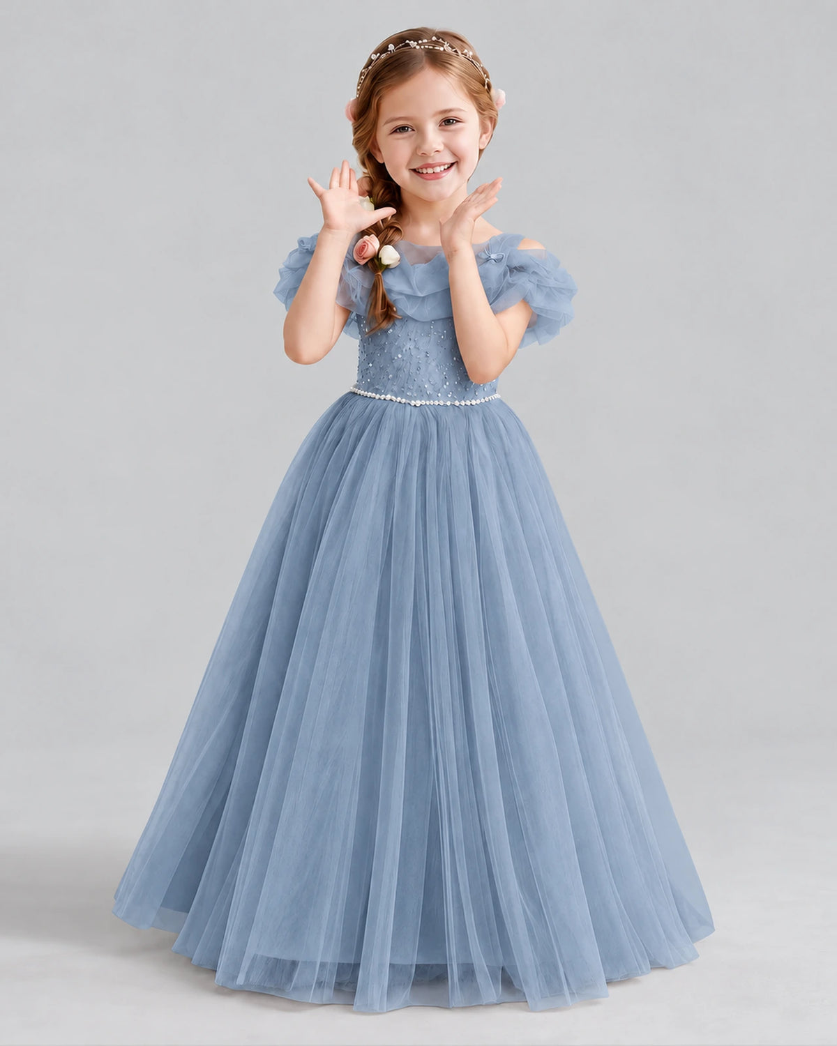 Dusty Blue Ball Gown Flower Girl Dress Front