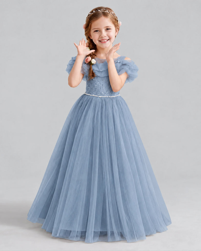 Dusty Blue Ball Gown Flower Girl Dress Front