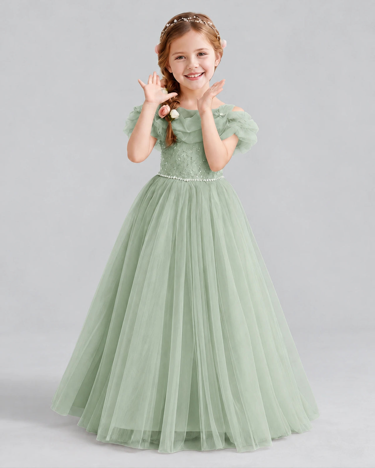 Sage Green Ball Gown Flower Girl Dress Front