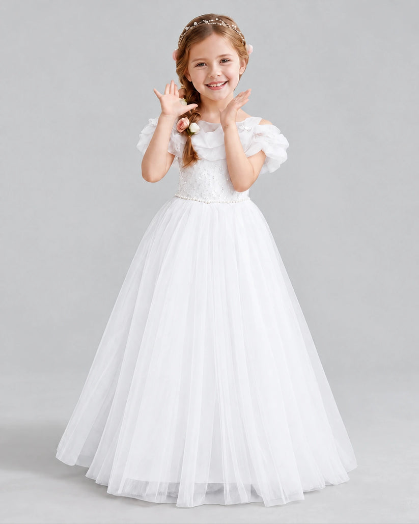 White Ball Gown Flower Girl Dress Front