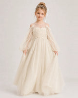 Champagne Tulle A-line Girls Formal Dress Front View