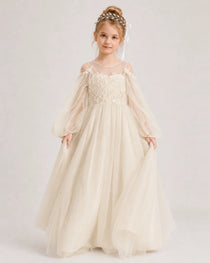 Champagne Flower Girl Dress Off Shoulder Puff Long Sleeve Lace Tulle Ball Gown Front View