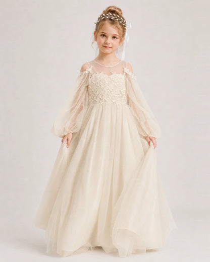 Champagne Flower Girl Dress Off Shoulder Puff Long Sleeve Lace Tulle Ball Gown Front View