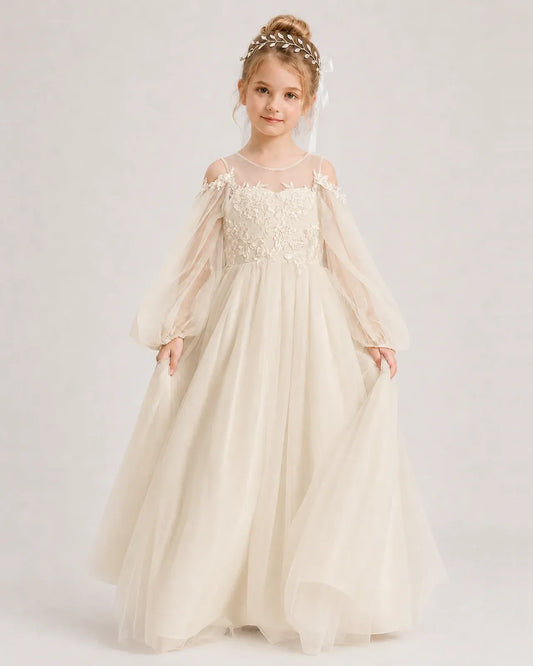 Champagne Tulle A-line Girls Formal Dress Front View