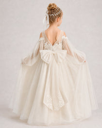 Champagne Flower Girl Dress Off Shoulder Puff Long Sleeve Lace Tulle Ball Gown Back View