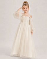 Champagne Tulle A-line Girls Formal Dress Front View