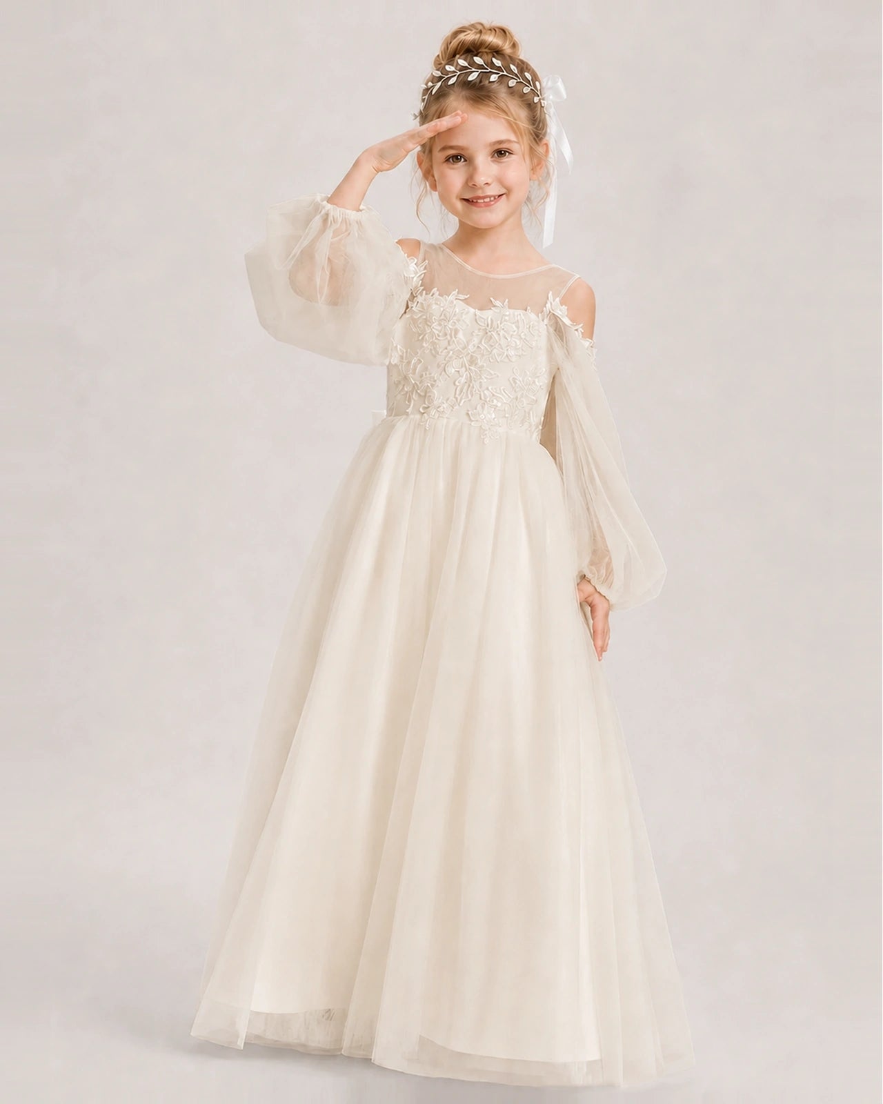 Champagne Flower Girl Dress Off Shoulder Puff Long Sleeve Lace Tulle Ball Gown Side View 