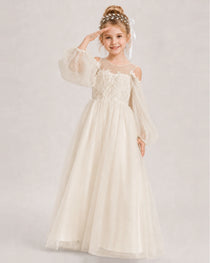 Champagne Flower Girl Dress Off Shoulder Puff Long Sleeve Lace Tulle Ball Gown Side View 