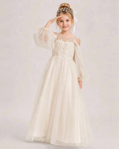 Champagne Flower Girl Dress Off Shoulder Puff Long Sleeve Lace Tulle Ball Gown Side View 