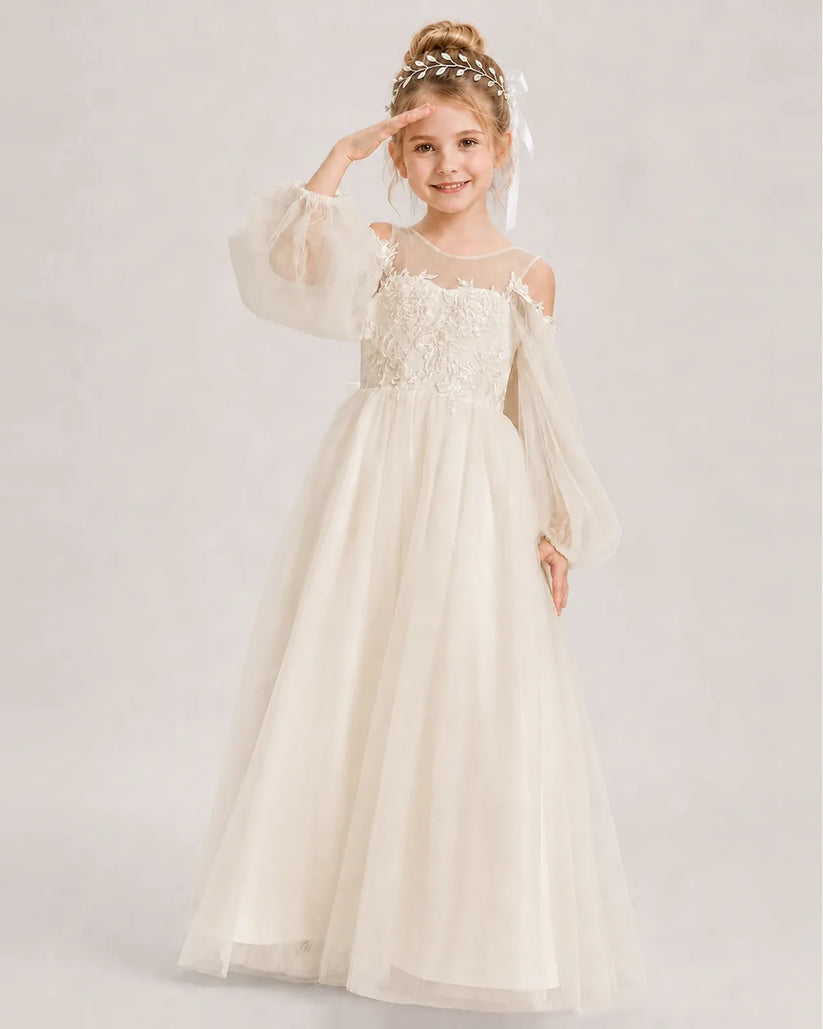 Champagne Tulle A-line Girls Formal Dress Front View