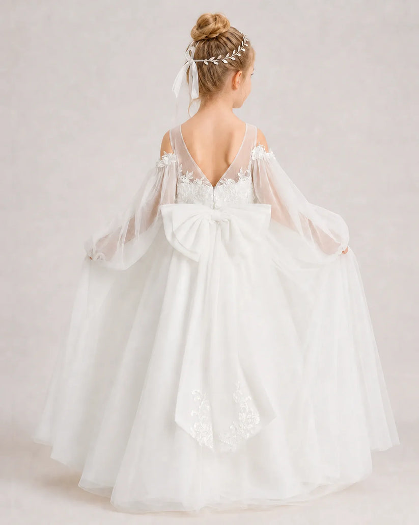 Ivory Tulle Ball Gown Girls Formal Dress Back View