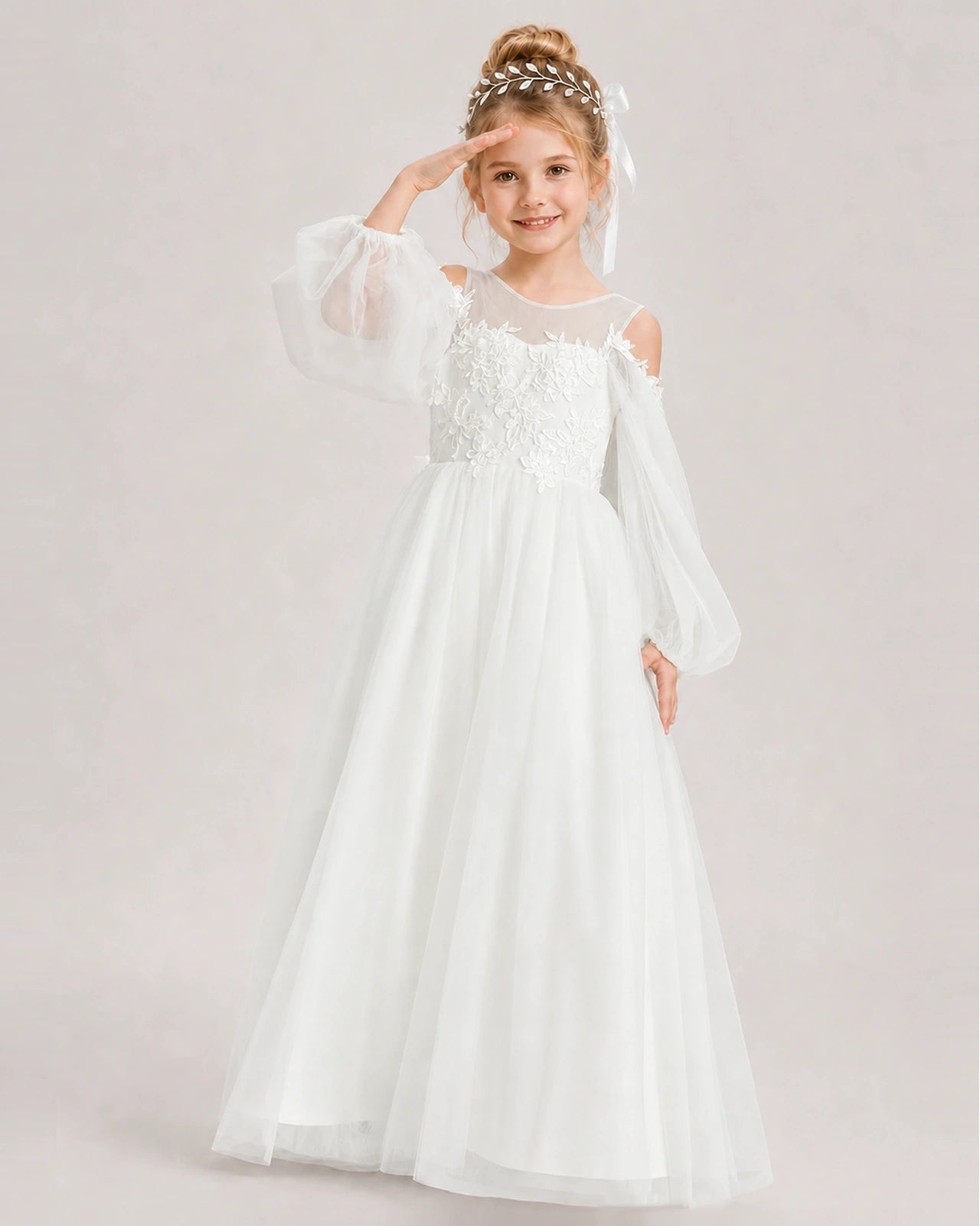 Ivory Flower Girl Dress Off Shoulder Puff Long Sleeve Lace Tulle Ball Gown  Side View
